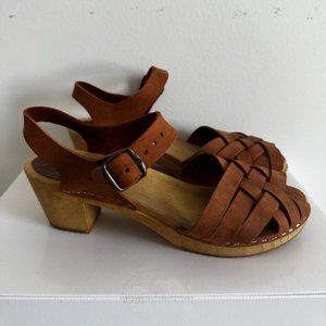 Moheda Swedish Brown Leather Platform Wooden Peep Toe Sandal Size 41